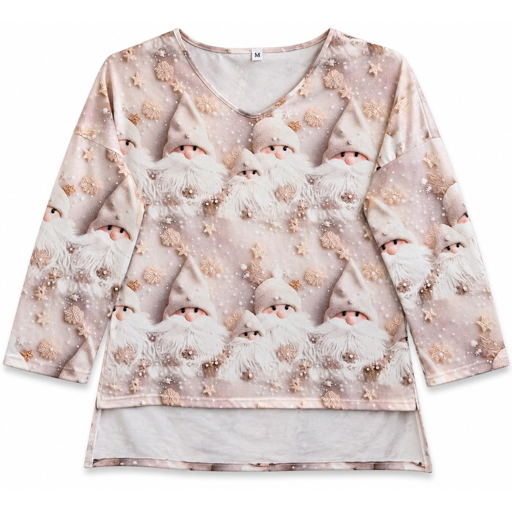 Womens Christmas Gnome Print V-Neck Top High Low Hem Beige Holiday Shirt M